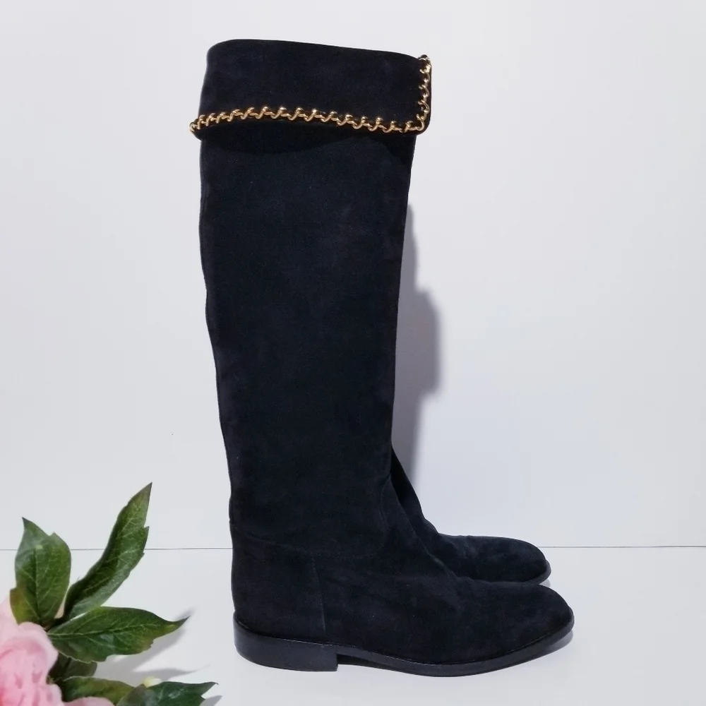CHANEL Vintage Black Suede Leather & Signature Chain Tall Riding Boots 35